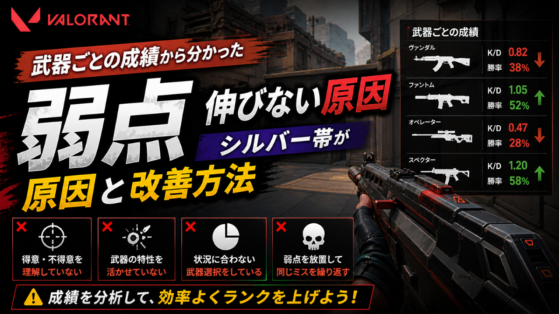 【VALORANT】武器ごとの成績から分かった弱点｜シルバー帯が伸びない原因と改善方法